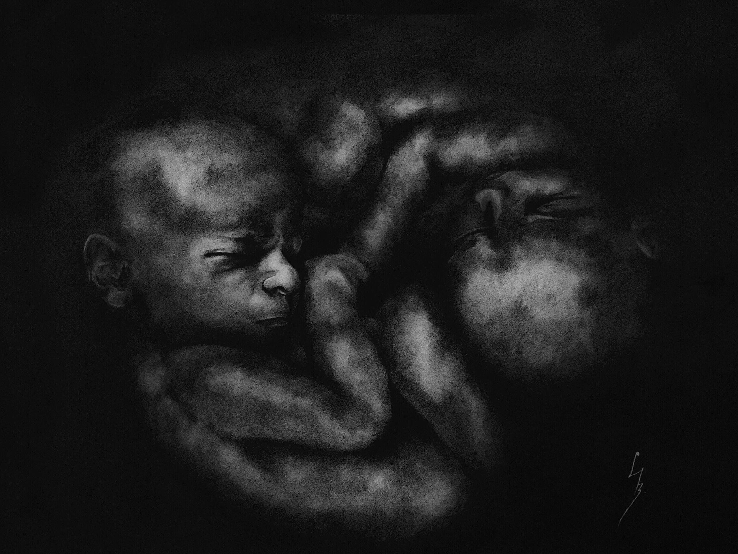 One World, 61x86cm, charcoal on paper, framed,2019